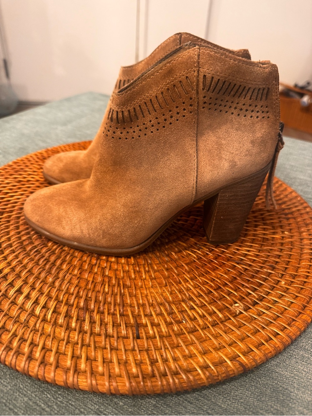Vince Camuto Tan Suede Perforated Ankle Booties